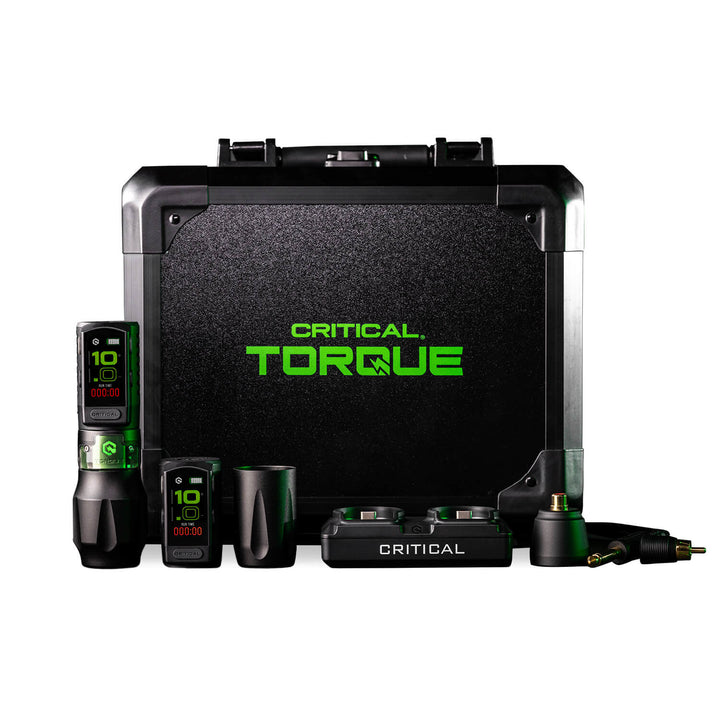 Critical Torque 3.5 mm tattoo machine set with power supply, accessories, and black carrying case.