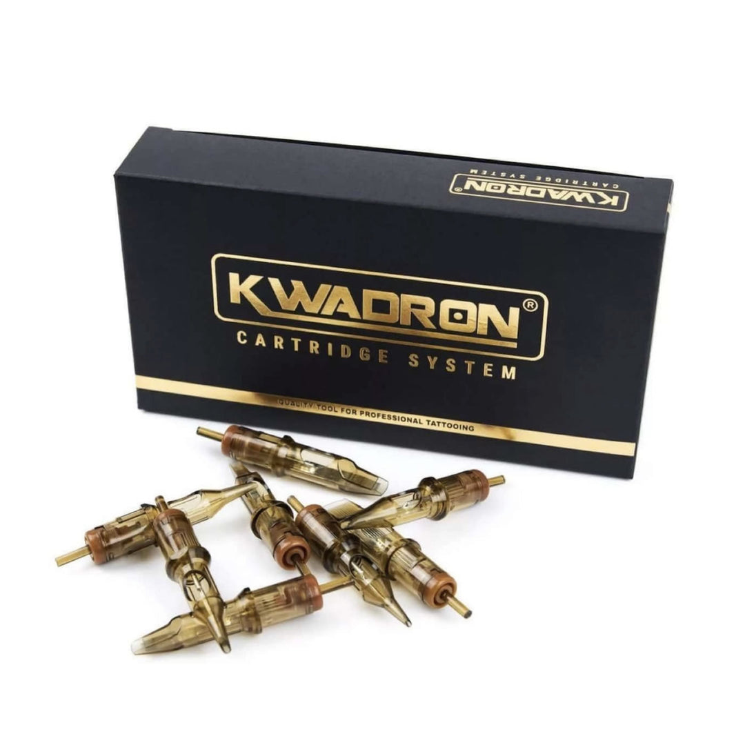 Kwadron Cartridge System box with several gold tattoo needle cartridges displayed in front