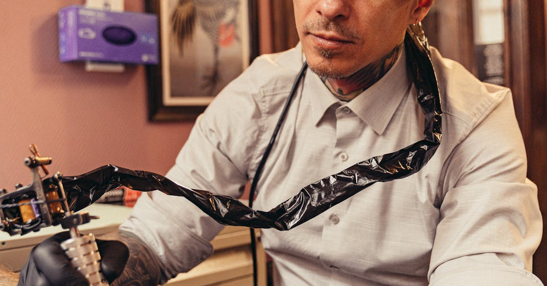 Tattoo artist wearing a dress shirt using a tattoo machine with advanced accessories in a professional studio setting