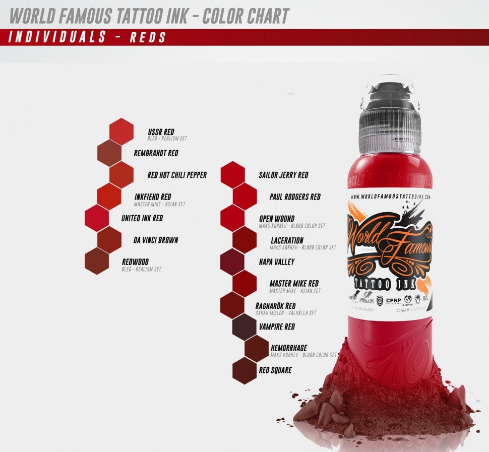"World Famous Tattoo Ink bottle with color chart of red and brown tones from the Neos collection
