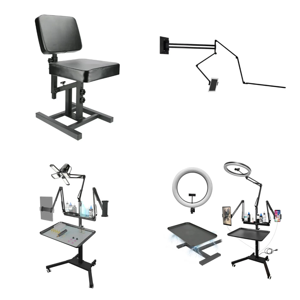 Taidu tattoo and PMU workstation with LED ring light, adjustable tray and mobile rolling stand.
