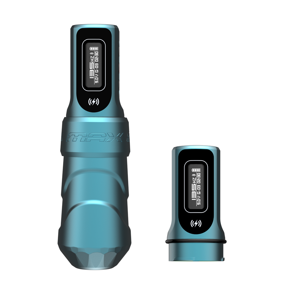FK Irons Flux Max Tattoo Machine Tidal colorway with 2 PowerBolt II batteries
