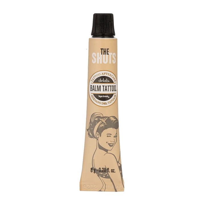 Close-up of a single Balm Tattoo Shot Vegan Formula tube, 8g size, with retro-inspired packaging for premium tattoo aftercare.