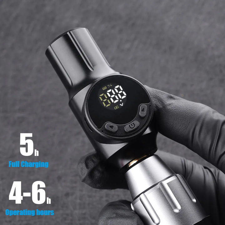 Detailed view of Mast Mini Wireless Battery control buttons and LCD screen – "Detailed view of Mast Mini Wireless Battery's control panel, displaying power, voltage, and battery percentage on a custom LCD screen."
