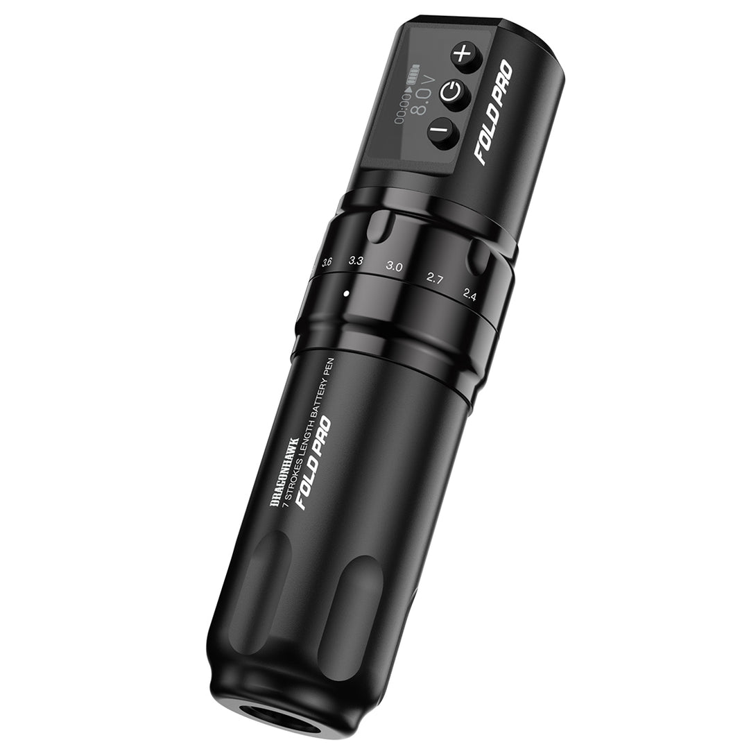 Dragonhawk Mast Fold Pro Adjustable Wireless Tattoo Machine featuring a sleek black design with a digital display and adjustable stroke settings, ideal for professional tattoo artists.