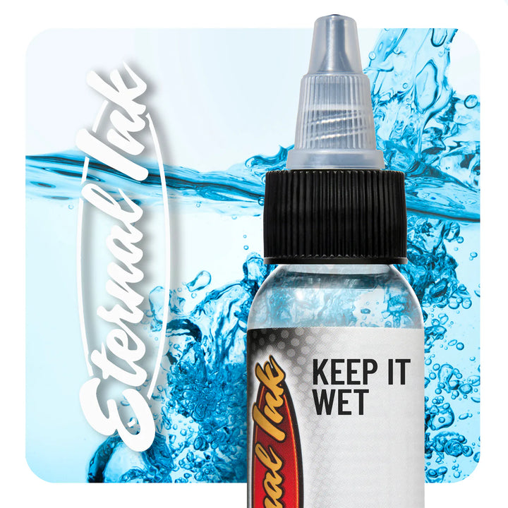 Eternal Keep It Wet – Tattoo ink additive that prevents drying, enhances blending, and extends ink workability. Vegan, non-toxic, and essential for smooth application.