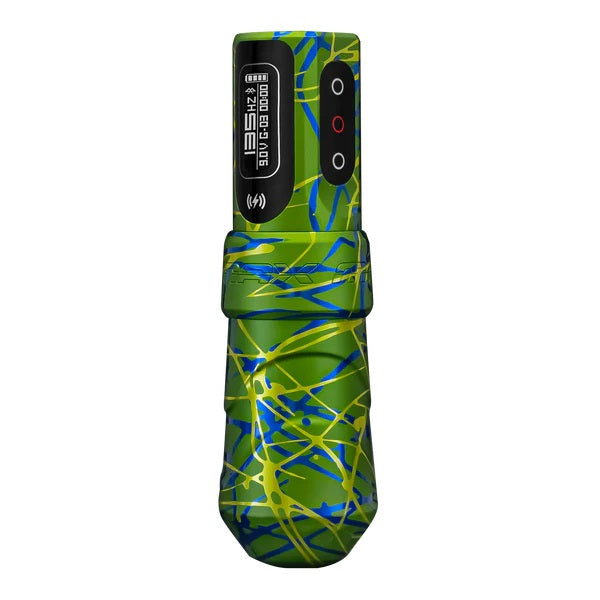 FK Irons Flux Max Samba tattoo machine in a striking green and blue abstract design, showcasing a digital display and two PowerBolt 2.0 batteries. Engineered for professional tattooing, delivering precision and wireless performance.