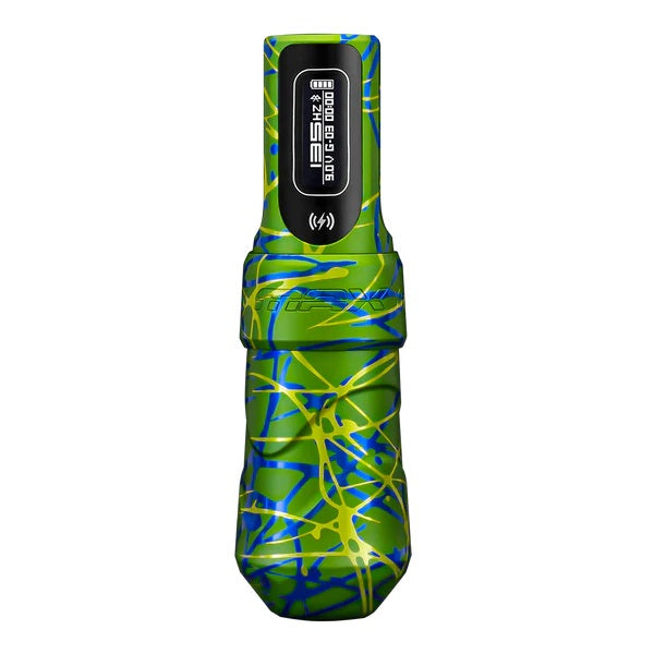 FK Irons Flux Max Samba tattoo machine featuring a vibrant green and blue abstract design, equipped with a digital display and 2 PowerBolt 2.0 batteries for enhanced power and performance. Ideal for professional tattoo artists seeking precision and reliability.