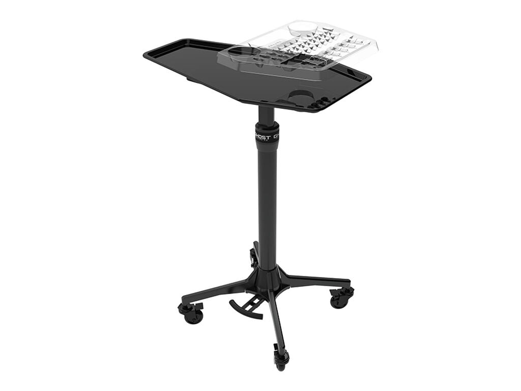 A black rolling medical-style tray table with a clear plastic sheet holder on top, shown on a plain white background.