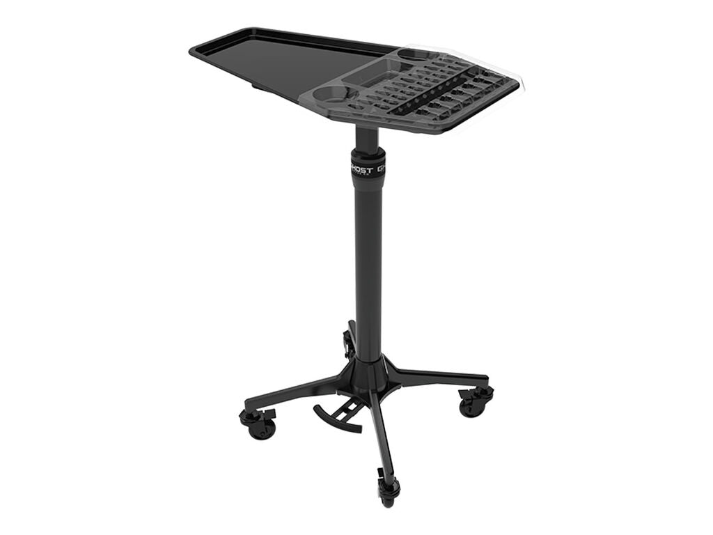 Black adjustable standing desk with a tray table top, three-wheel casters, and a built-in keyboard tray, shown on a white background.