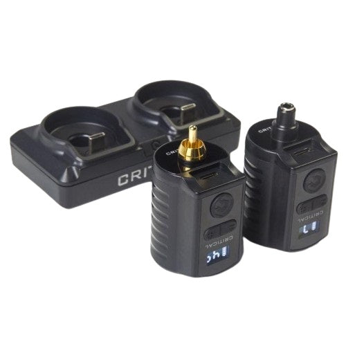 Critical XR power supply with gold and black connector battery packs, including charging base.