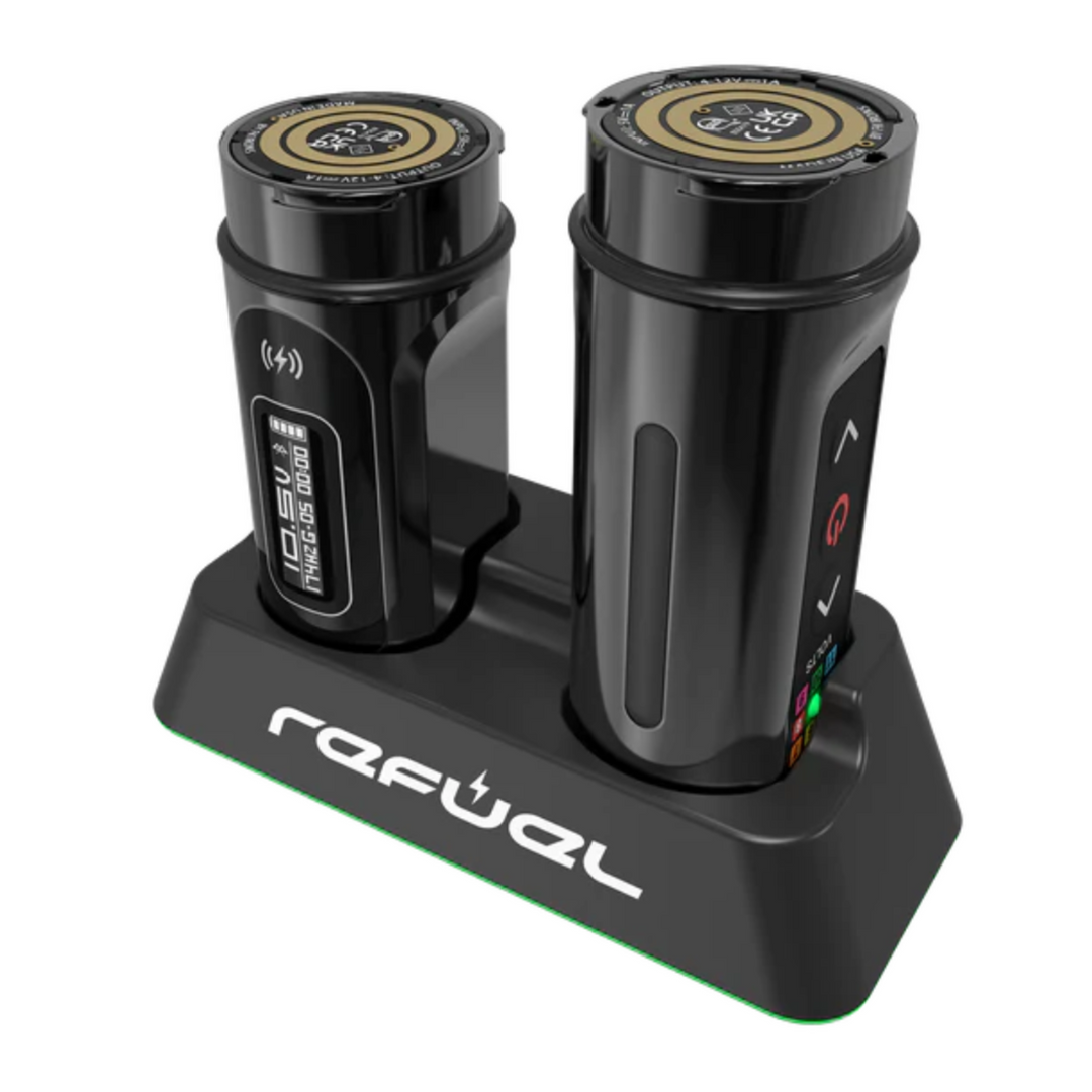 Darklab ReFuel Charging Dock for Powerbolt batteries. Charges two batteries simultaneously, features LED charge indicator, and completes a full charge within 2-3 hours. Compatible with Powerbolt series (PB, PB+, PBII, PBII+).